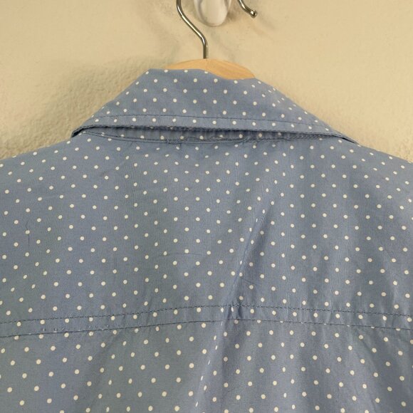 LL Bean Womens Medium Blue Polka Dot Button Up Shirt Roll Tab Sleeve Blouse Top - Picture 9 of 9